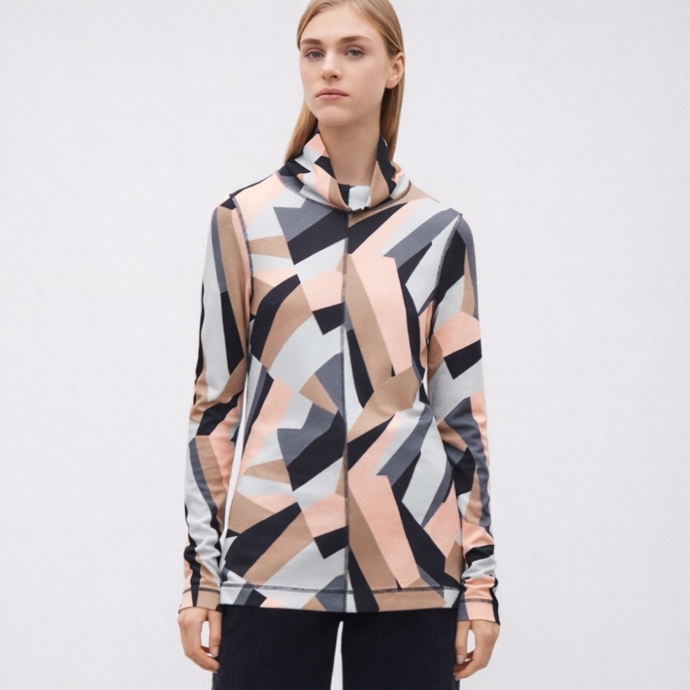 COS Abstract Print Funnel Neck A-Line Jersey Top | XS | NWOT